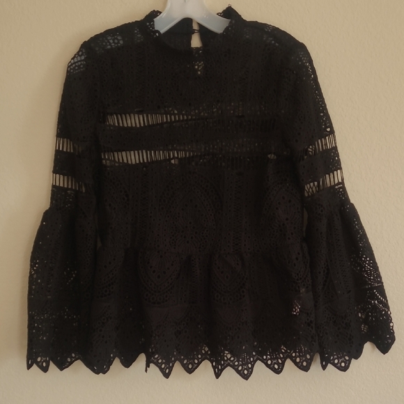 Boohoo Black Crotchet Lace Longsleeve Bell Sleeve Peplum Top Size 6 - Picture 4 of 11